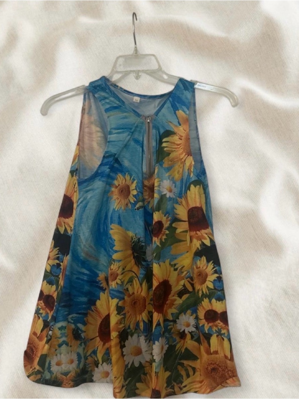 Sunflower Print Blue A-Line Dress